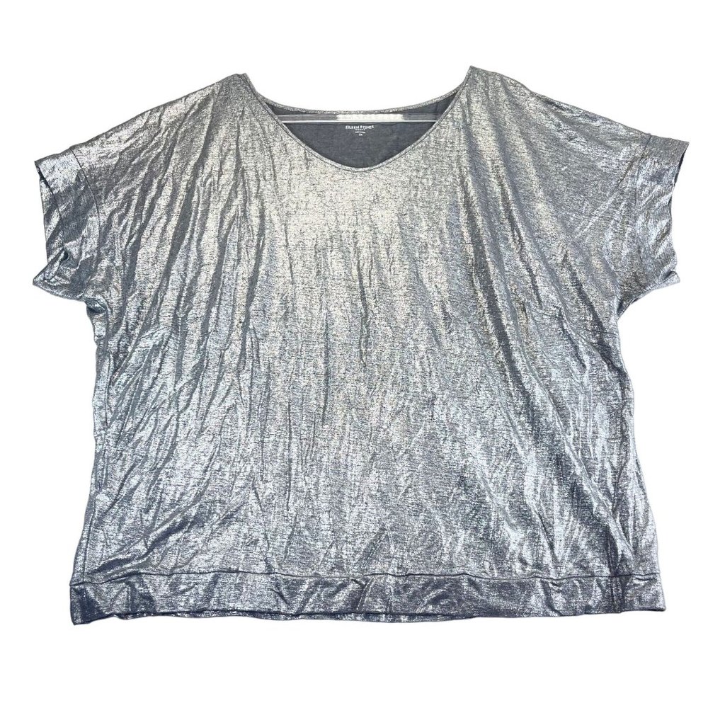 NWOT EILEEN FISHER Womens 2X Plue Linen Metallic Silver Pullover Tunic Top Party